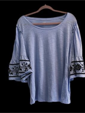 Blue Lightweight Top with Embroidered Cuffs Crown & Ivy